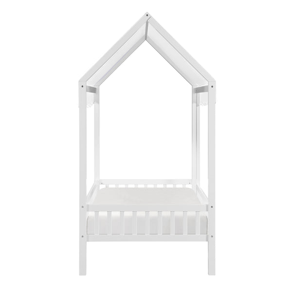English Elm Gray Finish Canopy Platform Bed Scalloped Fabric Cover Solid Wood Twin Frame White B011P463889
