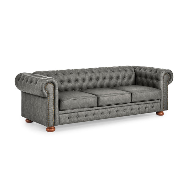 English Elm Chesterfield Linen Tufted 3-Seater Sofa with Scrolled Arms and Nailhead Trim, Durable Plywood Frame Dark Gray W1413S00095