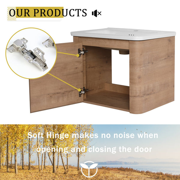 English Elm 60'' Wall-Mounted Vanity with White Ceramic Sink, Plywood Shelves, Soft-Close Door, Scratch & Water-Resistant Finish W999S00381