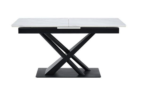 English Elm Modern Extendable Dining Table with Walnut MDF Veneer Top, Dual V-Shaped Metal Base, Sleek Durable Design White Marble W3493S00006