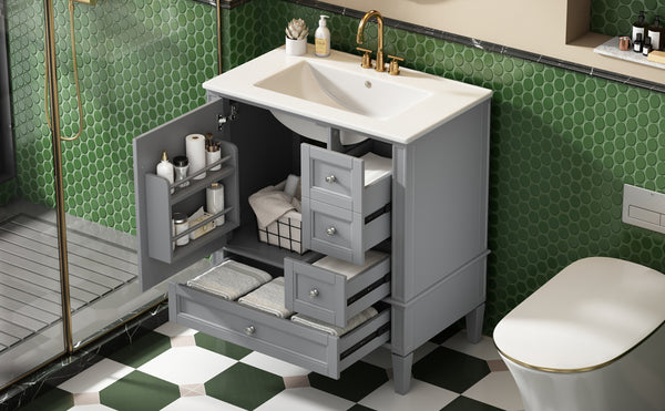 English Elm 30 30 Inch Bathroom Vanity with Ceramic Sink, Modern Compact 3-Drawer Storage Cabinet for Small Baths Grey N710P247499E