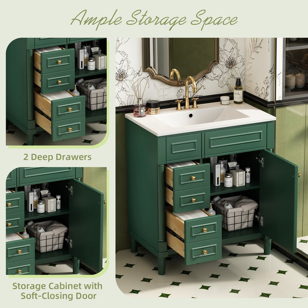 English Elm 30" Bathroom Vanity with Sink — Freestanding Modern Cabinet with Soft-Close Door, 2 Deep Drawers, Durable Basin Green N710P288938F