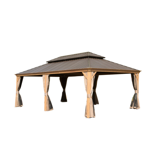 English Elm 14x22FT Hardtop Gazebo Metal Pavilion with Galvanized Double Roof, Aluminum Frame, Gutter, Curtains & Netting Yellow Brown W1859S00106
