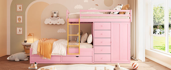 English Elm Full Size Bunk Bed with Integrated Drawers Wardrobe Mdf Solid Wood Kids Storage Pink LT000463AAH