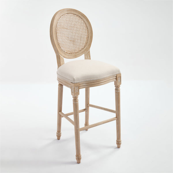English Elm French Country Bar Chairs Set Of 2 - Upholstered Rattan Back, Vintage Elegance For Dining & Living Spaces W3426P324575