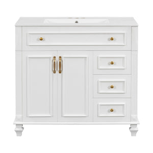 English Elm 36" Modern Bathroom Vanity with Ceramic Sink, Gold Handles, Flip-Out Drawer & Soft-Close Doors White N725P283623K