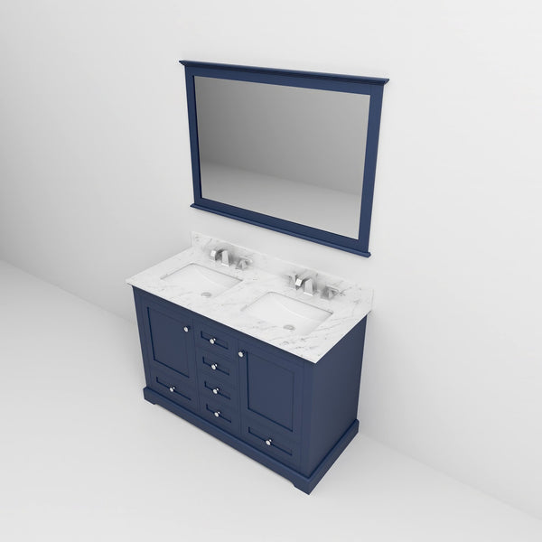 English Elm Navy Double Bath Vanity 48" W x 22" D with Carrara Marble Top, Chrome Faucet, 46" Mirror, Durable Surface B2731S00977