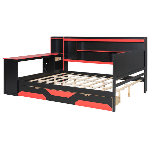 English Elm Queen Gaming Bed Frame with Desk Led Lighting Storage Drawers and Bookcase Headboard Black+Red LP000290AAJ