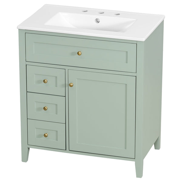 English Elm 30-Inch Contemporary Bathroom Vanity with Sink, MDF & Rubberwood, Glossy Finish, 3 Drawers + Cabinet Green N725P350819F