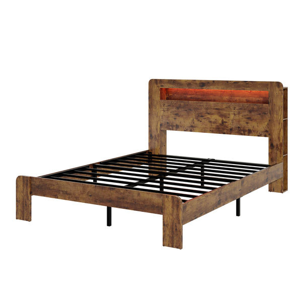 English Elm Bed Frame Queen Size - Stylish Wood Platform With Led Headboard, Usb Ports & Ample Storage, Easy Setup W636P233481