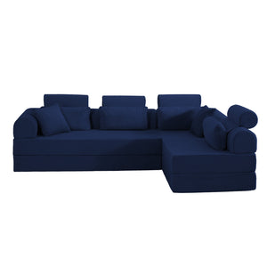 English Elm L Shaped Corduroy Sectional Sofa Converts to Sleeper Bed Space Saving Modular Couch Blue W5532S00008