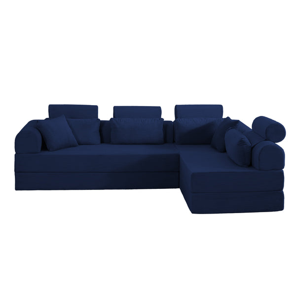 English Elm L Shaped Corduroy Sectional Sofa Converts to Sleeper Bed Space Saving Modular Couch Blue W5532S00008