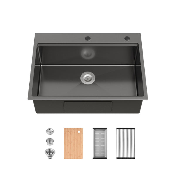 English Elm Stainless Steel Handcrafted Matte Black Single Bowl Kitchen Sink with Prep Accessories T3177P296189
