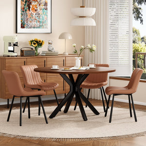 English Elm 47" Round Wood Dining Table Seats Six with Industrial Metal Base for Modern Homes T3623P433924