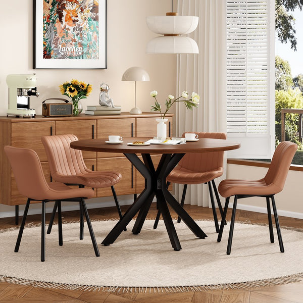 English Elm 47" Round Wood Dining Table Seats Six with Industrial Metal Base for Modern Homes T3623P433924