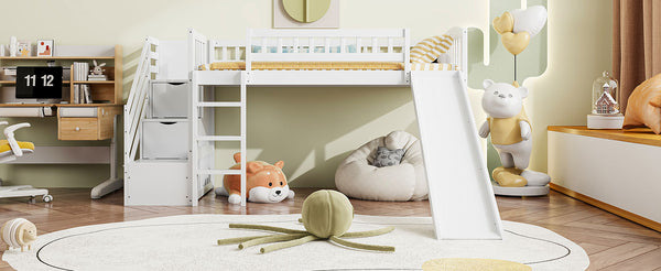English Elm Stairway Twin Loft Bed with Storage Staircase Slide and Guardrails for Kids White LT000515AAK-1