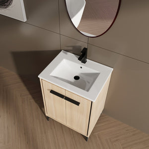 English Elm 24 Inch Oak Bathroom Vanity Base with Basin — Engineered Wood, Double-Door Storage, Minimalist Chic W1972S00003