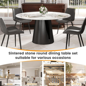 English Elm 59.05"Modern Round Dining Table With Durable Sintered Stone Top & Black Steel Base For 6-8 People W1535S00442