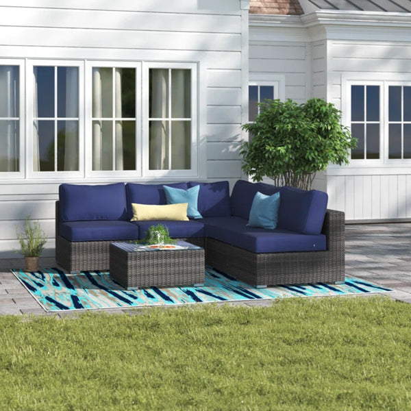 English Elm 4-Person Outdoor Wicker Sectional Sofa Set With 11 Cushions & Glass Table - Durable & Comfortable B120S00166