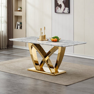 English Elm Marble Dining Table For 6, 70'' Rectangular Faux Marble With Mirrored Stainless Steel Base, Modern Elegance W3456S00026