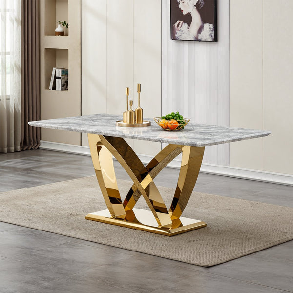 English Elm Marble Dining Table For 6, 70'' Rectangular Faux Marble With Mirrored Stainless Steel Base, Modern Elegance W3456S00026