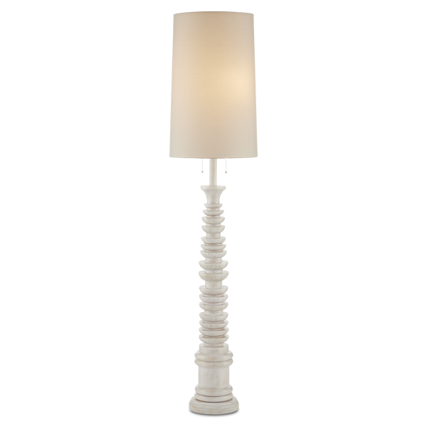 Malayan White Floor Lamp – Elegant Bohemian Design with Fluted Rubber Wood Base & Off-White Linen Shade