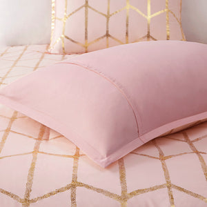JLA Home Intelligent Design - Metallic Raina Comforter Set with Geometric Metallic Print, Embroidered Pillows & Antimicrobial Finish Blush/Gold ID10-1246