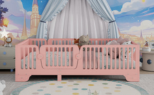 English Elm Twin Montessori Floor Bed with Safety Rails Hinged Door and Plywood Slats for Kids Pink W2593P381410