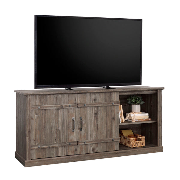 English Elm Credenza, Rustic 70" TV Stand with Sliding Barn Doors, Adjustable Shelves, Cord Management, 62" Pine Wood B356P354487
