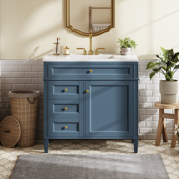 English Elm 36'' Bathroom Vanity With Sink, Modern Indigo Blue Storage Cabinet Featuring 3 Drawers & Adjustable Shelf N710P230246M