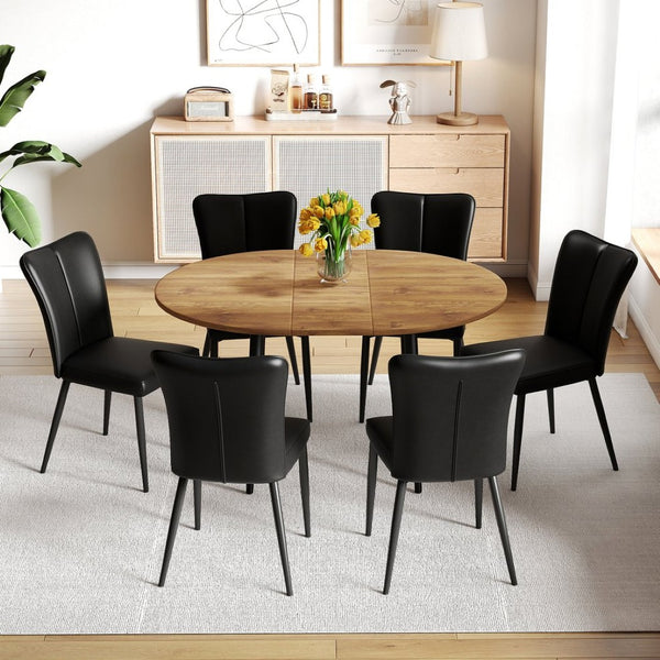English Elm Table Modern Extendable Dining Set With 6 Black Pu Chairs – Stylish, Space-Saving Design For Gatherings W1151S04146-GIGA