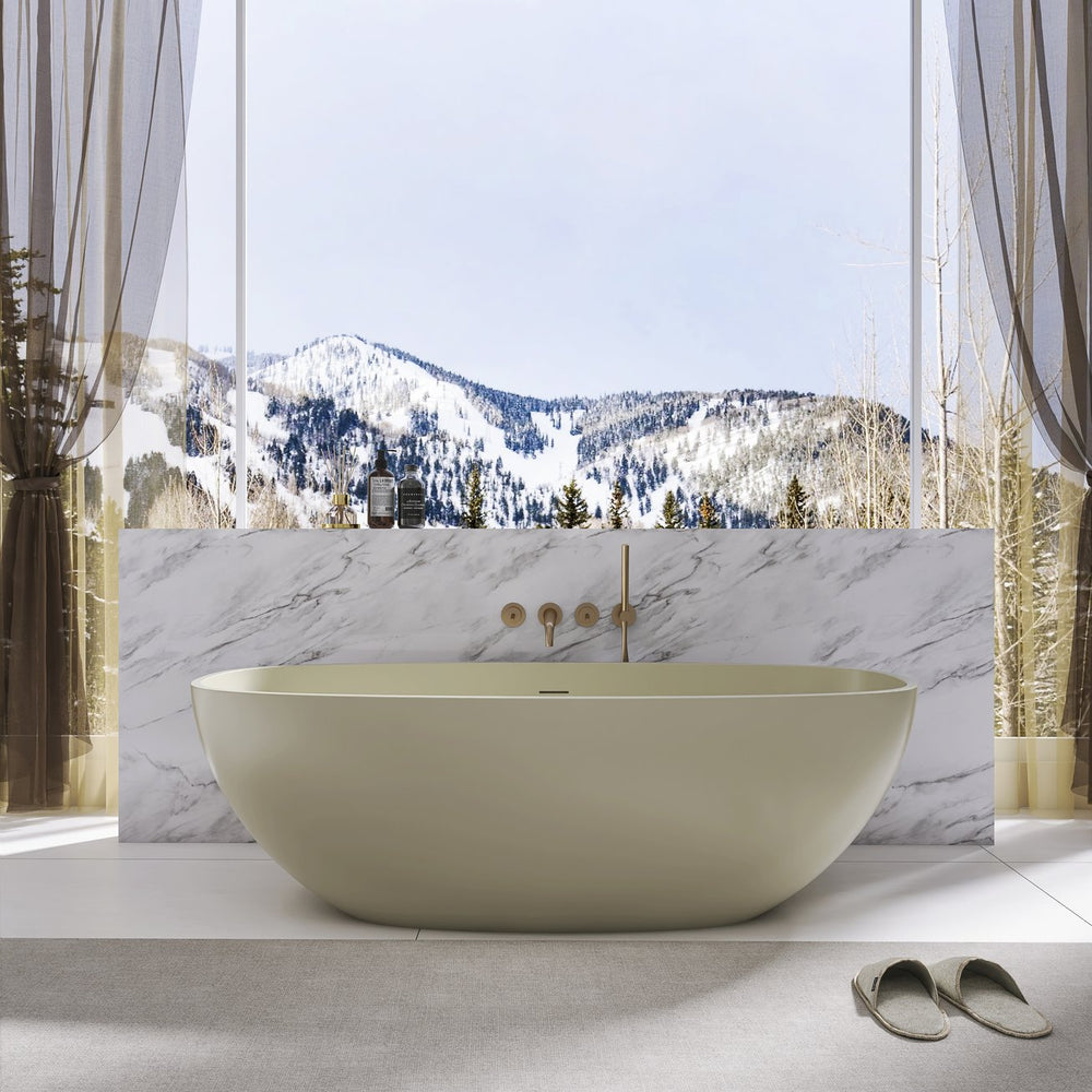 English Elm 66.9 Inch Stone Resin Freestanding Soaking Tub Matte Khaki Spa Bathtub W1613P381035