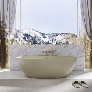 English Elm 66.9 Inch Stone Resin Freestanding Soaking Tub Matte Khaki Spa Bathtub W1613P381035