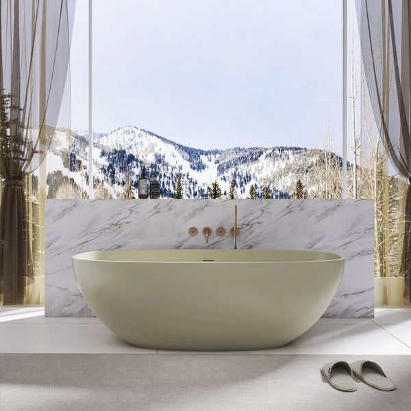 English Elm 66.9 Inch Stone Resin Freestanding Soaking Tub Matte Khaki Spa Bathtub W1613P381035
