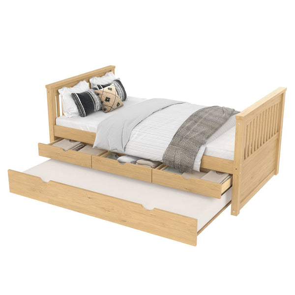 English Elm Twin Solid Wood Platform Bed with Trundle and Two Drawers, White Daybed for Kids Guests Natural W1580S00264