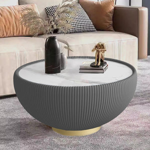 English Elm Light Round Sintered Stone Coffee Table with Leather Base and Brass Accents Modern W3081P309607