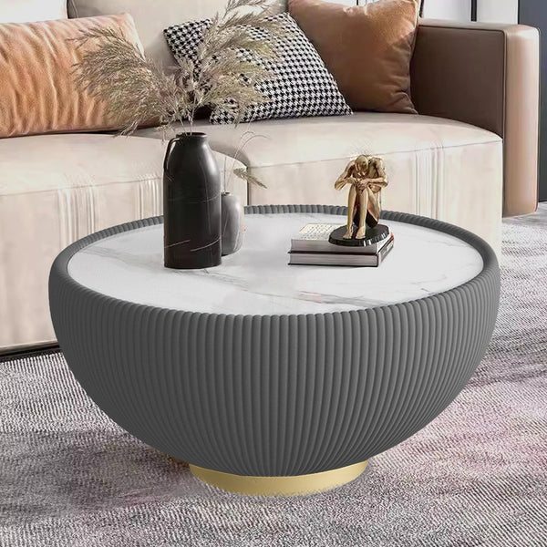English Elm Light Round Sintered Stone Coffee Table with Leather Base and Brass Accents Modern W3081P309607