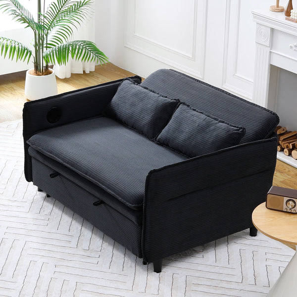 English Elm 65.74-inch convertible letter sofa bed with adjustable armrests, pull-out extension, cup holders, durable frame and plush sponge cushions Black W3371P311476