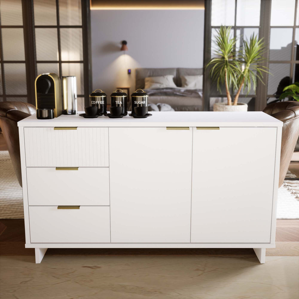 English Elm Granville 55" Sideboard in White Solid Wood with Ribbed Drawers, Gold Handles, 3 Shelves, 50" TV Ready B365S00114