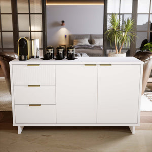 English Elm Granville 55" Sideboard in White Solid Wood with Ribbed Drawers, Gold Handles, 3 Shelves, 50" TV Ready B365S00114