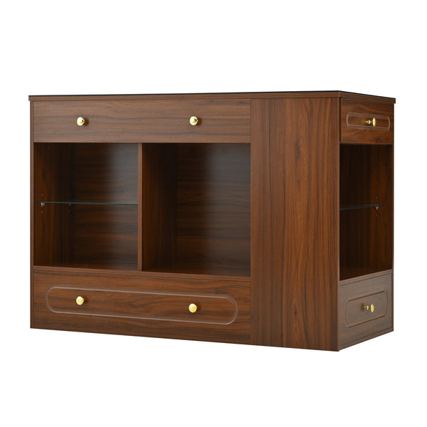 English Elm Closet Elegant walk-in island with glass display top, 6 drawers and open shelves for organized storage Walnut 39.76 L x 17.32 W x 12.2 H N733S304513D
