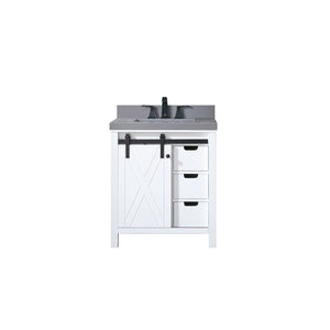 English Elm White 30 in. Bath Vanity with Grey Quartz Top, Matte Black Faucet, Soft-Close Drawers & Shelf Durable Finish B2731P260101