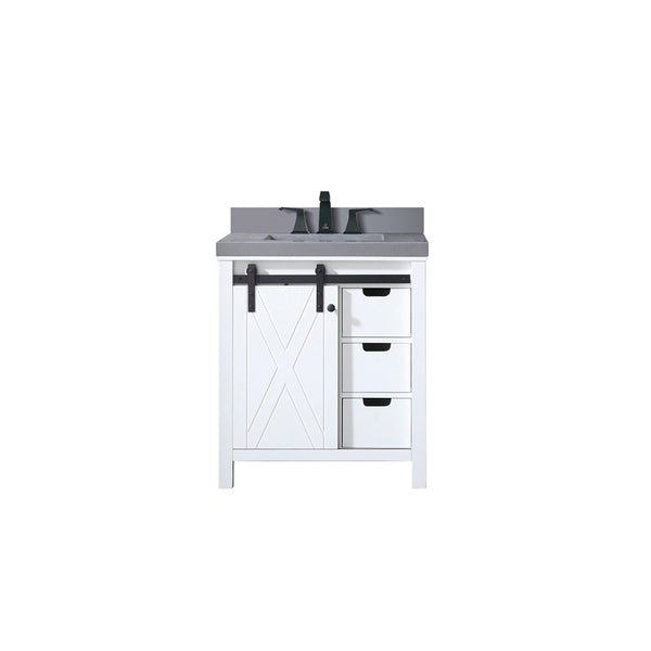 English Elm White 30 in. Bath Vanity with Grey Quartz Top, Matte Black Faucet, Soft-Close Drawers & Shelf Durable Finish B2731P260101