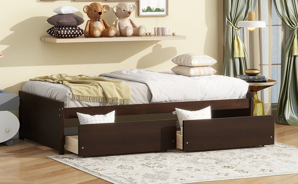 English Elm Twin Twin Size Bed with 2 Drawers Solid Rubber Wood Frame, Space-Saving Storage and Easy Assembly Espresso W504P313038