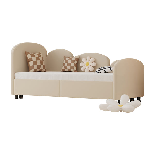 English Elm Twin Flower Velvet Daybed Frame with Pull-Out Storage Drawer, Modern Plush Sofa Bed for Kids Beige W395S00115