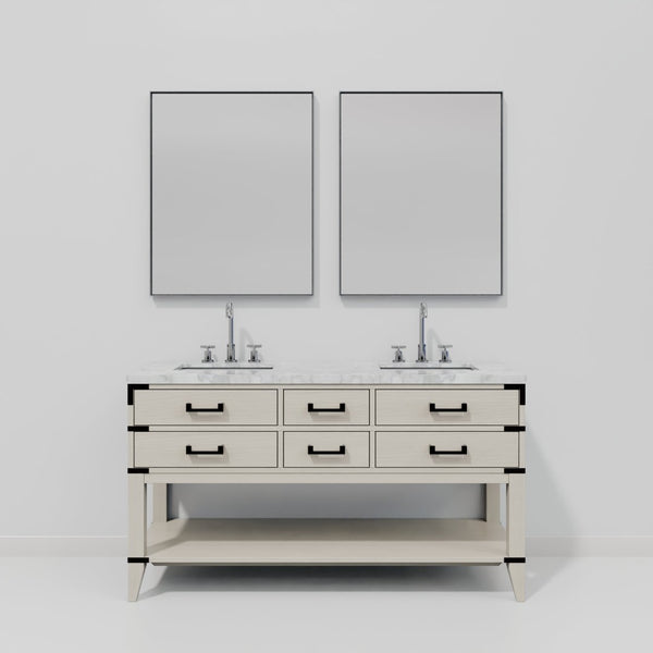 English Elm White Oak Double Bath Vanity Set With Carrara Marble Top, Faucets & 28" Mirrors For Elegant Spaces B2731S01890-GIGA