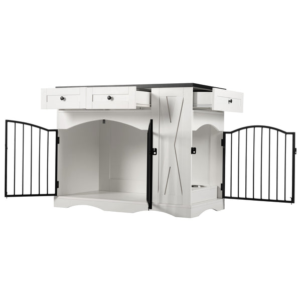 English Elm Go Farmhouse White Wood Dog Crate End Table with Three Drawers and Iron Door Panels N704P338959K