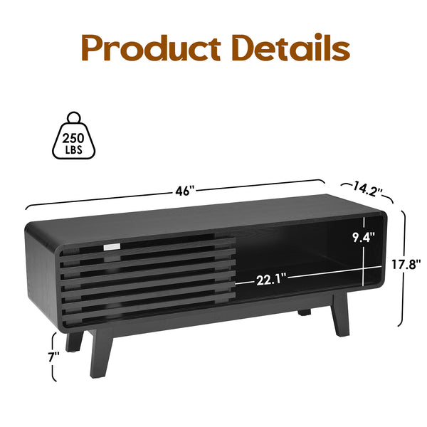 English Elm TV Stand Sleek Mid-Century Console with Sliding Door Storage and Open Shelves for Organized Living Room Black T3623P379948
