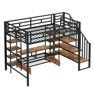 English Elm Full Metal Loft Bed Full Size with Staircase, Built-In Desk & Shelves, Black, Sturdy Space-Saving Setup GX001132AAB