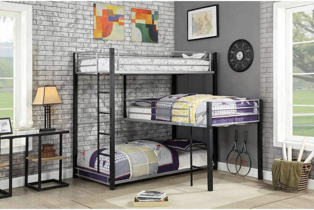 English Elm Unique Triple Twin Decker Bed Modern Metal 3-Tier Bunk with Dual Ladders, Guard Rails, Space-Saving Design B2741S00349